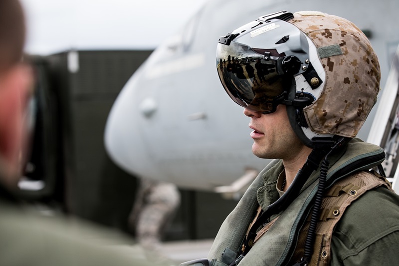 military pilot in flight helmet